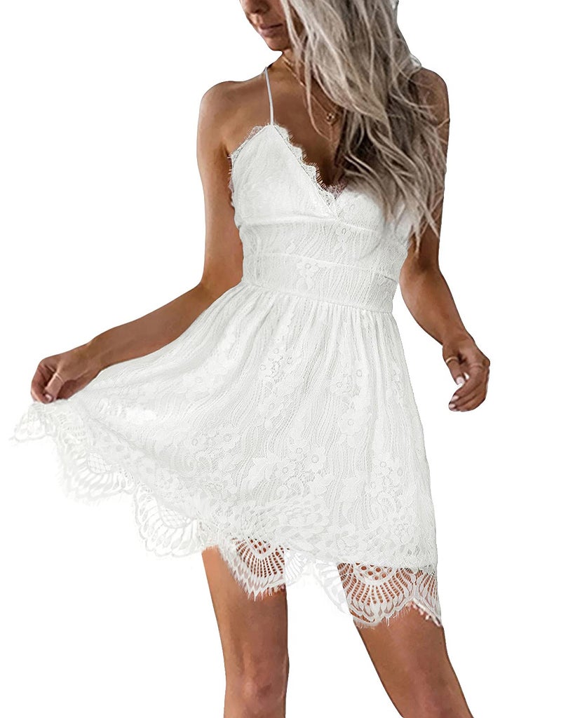 AOOKSMERY Women Summer V-Neck Spaghetti Straps Lace Backless Mini Party Club Beach Dresses (White, Small) - Image 1